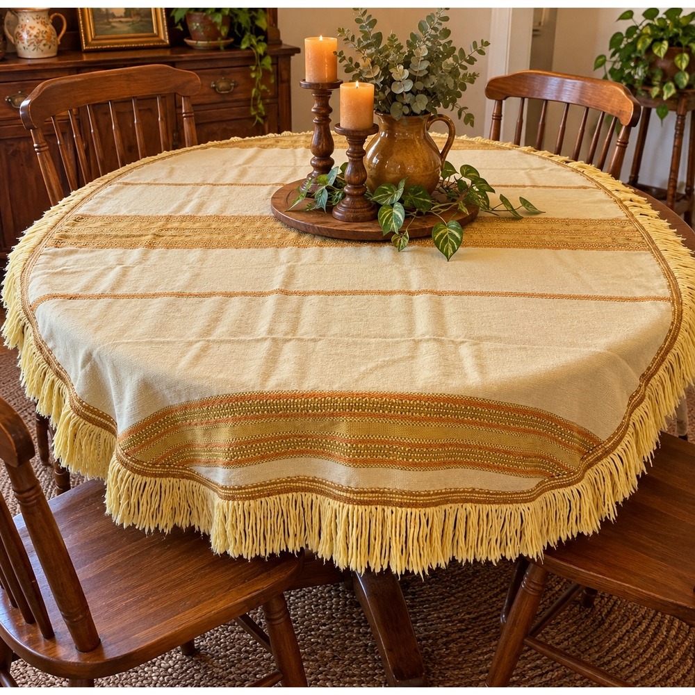Vintage 70s Loom Woven Round Tablecloth Boho Fringed Striped Yellow Orange 68"